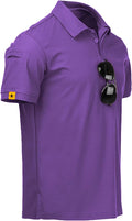 Men wearing a performance tactical golf polo shirt with ring buckle detail and moisture-wicking fabric.