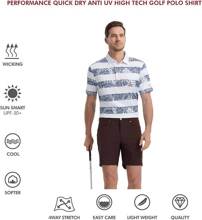 Men's Striped Performance Golf Polo Short Sleeve Moisture Wicking
