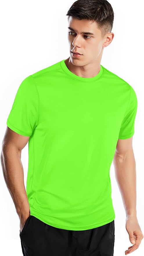 Men wearing a quick-dry moisture-wicking athletic short sleeve gym t-shirt in a relaxed fit.