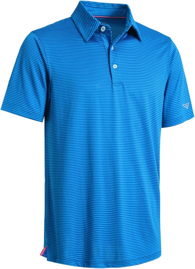 Men's blue and navy striped performance golf polo shirt with moisture-wicking material.