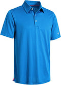 Men's blue and navy striped performance golf polo shirt with moisture-wicking material.