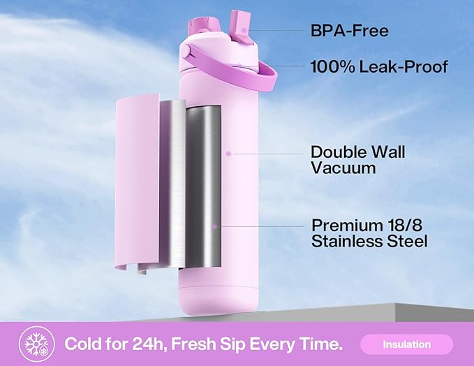 26 oz Insulated Water Bottle with 2-in-1 Straw and Spout Lid, Keep Cold 24H, Leak-Proof, Fits in Car Cup Holder, Stainless Steel Water Bottle for Sports, Trip, Gym, and School (Seashell Sonata)