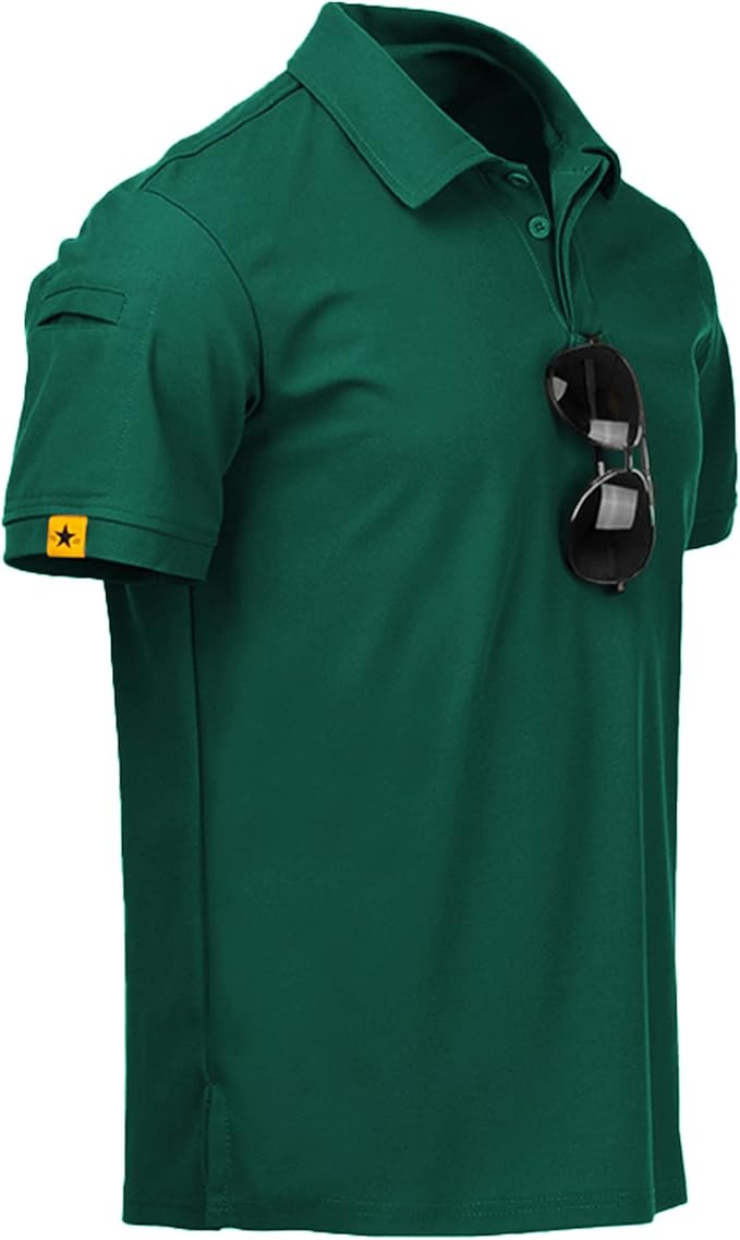 Men wearing a performance tactical golf polo shirt with ring buckle detail and moisture-wicking fabric.