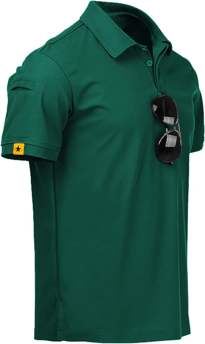 Men wearing a performance tactical golf polo shirt with ring buckle detail and moisture-wicking fabric.