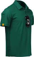 Men wearing a performance tactical golf polo shirt with ring buckle detail and moisture-wicking fabric.