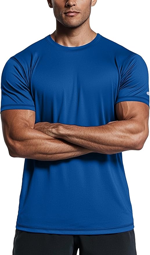 Men wearing a quick-dry moisture-wicking athletic short sleeve gym t-shirt in a relaxed fit.