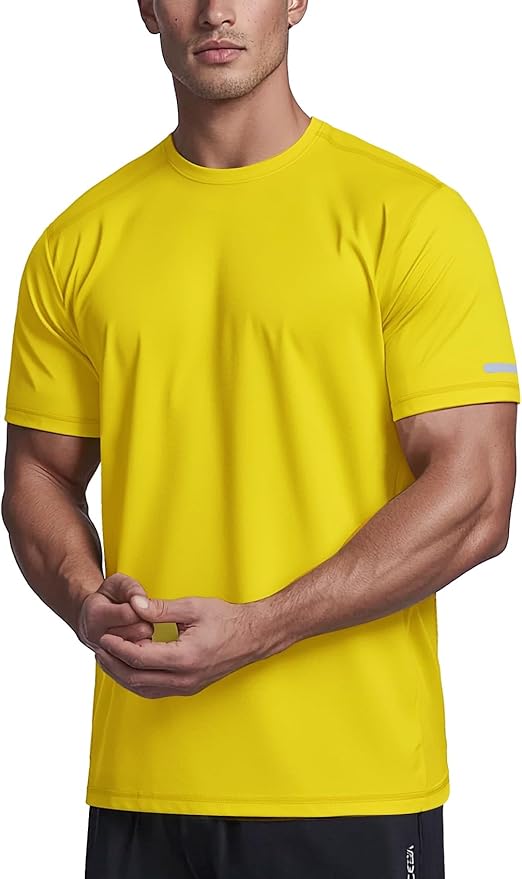 Close up of men's short sleeve quick-dry athletic workout tee in stretch jersey fabric