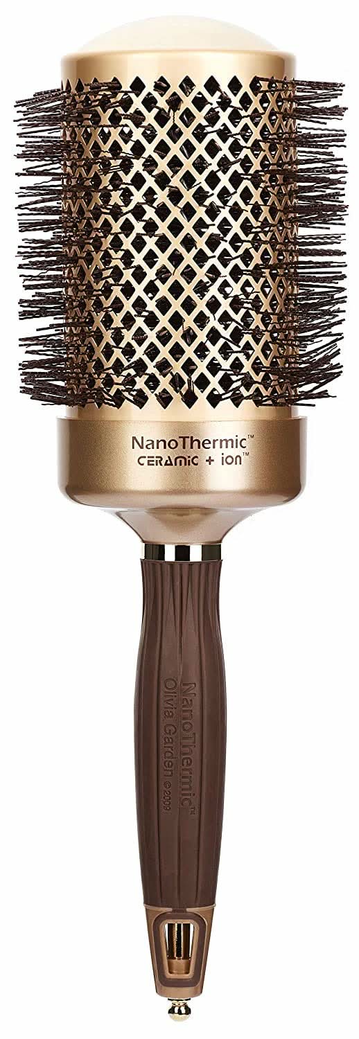Olivia Garden NanoThermic 2 3/4 inch round ceramic hair styling brush with metallic gold barrel and dark brown handle