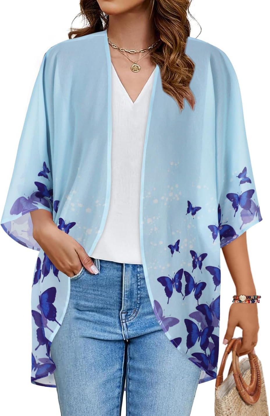 Floral Print Kimono Cardigan Women Puff Sleeve Cover Up Casual Blouse Loose Top
