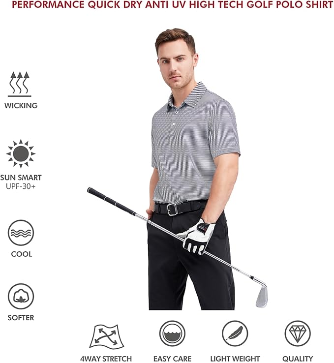 Men's Striped Performance Golf Polo Shirt Moisture Wicking Dry Fit