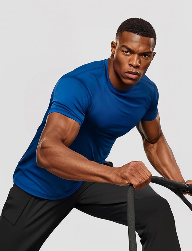 Men's Blue Quick Dry Short Sleeve Athletic Gym Workout Tee