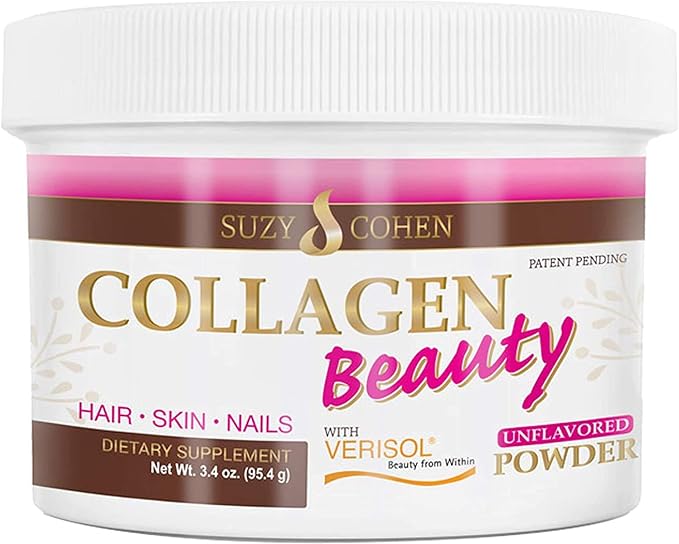 Collagen Beauty Powder™ By Suzy Cohen (3.3 oz) Anti Aging Hydrolyzed Protein Collagen Powder Type I and III for Supple Skin, Shiny Hair & Strong Nails- Unflavored Powder Drink with Verisol- Made in US