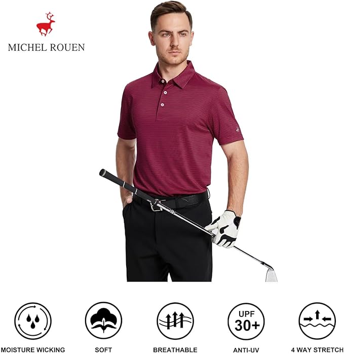 Mens Striped Performance Golf Polo Shirt - Moisture Wicking Dry Fit