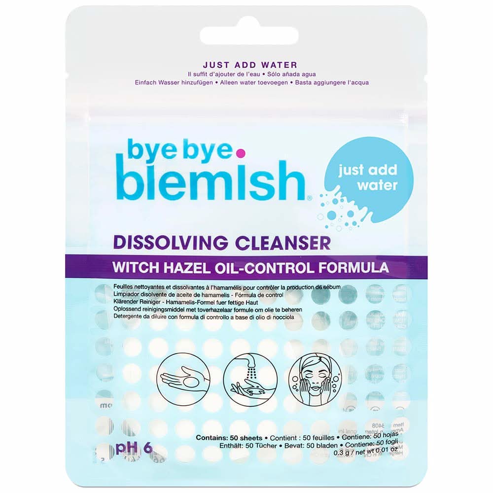 Pack of 50 Bye Bye Blemish Dissolving Cleanser sheets for travel skincare.