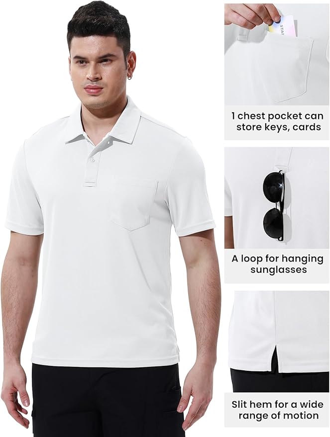 Men's Short Sleeve Quick Dry Polo Shirt with Chest Pocket for Golf