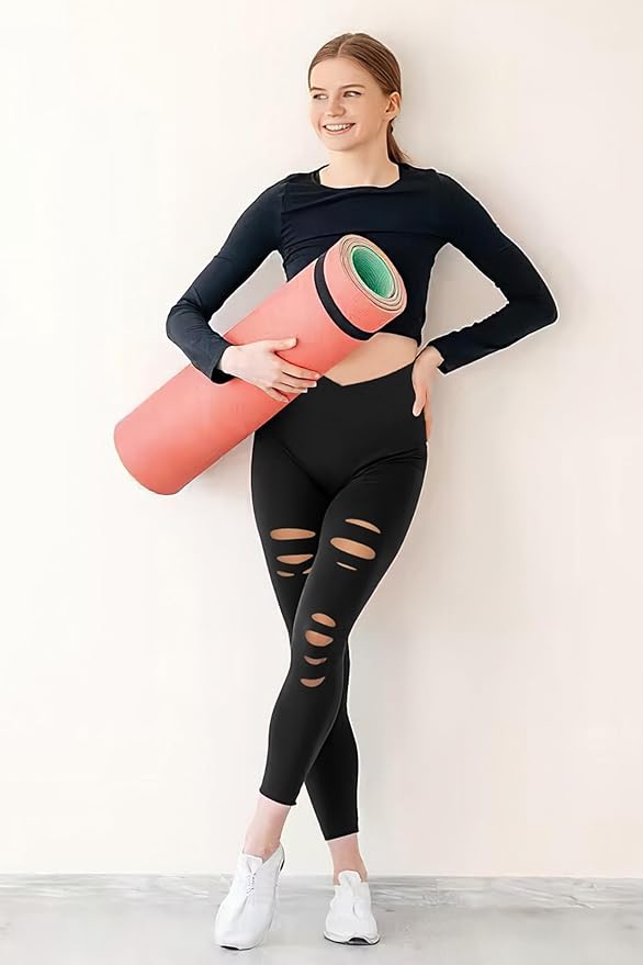 DIBAOLONG Womens High Waist Yoga Pants Cutout Ripped Tummy Control Workout Running Yoga Skinny Leggings