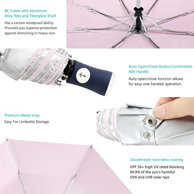 FDJASGY Silver Coating Layer Fabric Blocking UV 99.9% Sun Umbrella Compact Folding Travel Umbrella Automatic Windproof Umbrellas For Men and Women (Pink)