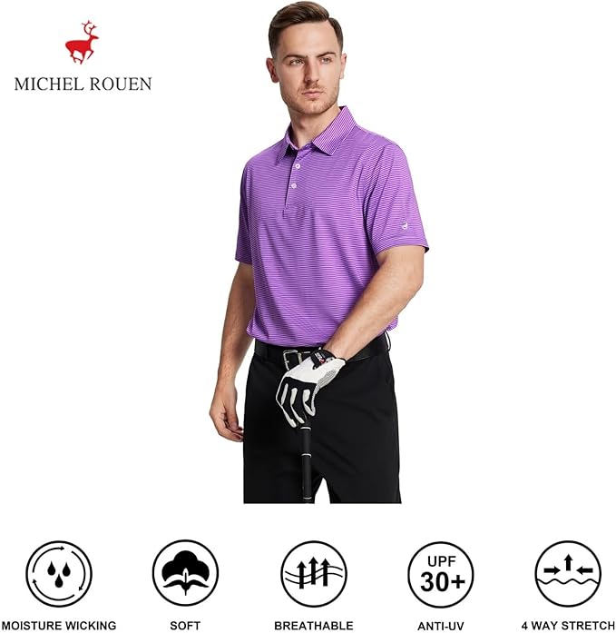 Men's Striped Performance Golf Polo Shirt Moisture Wicking Sport Top