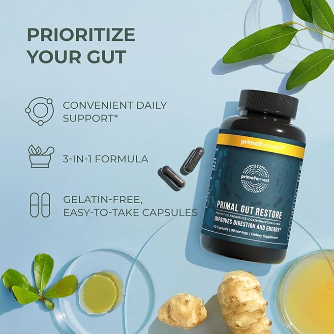 Primal Harvest 2 Pack, Restore for Gut Health, Primal Gut Restore w/POSTbiotics, PREbiotics and PRObiotics for Women and Men, 60 CT - Digestion, Colon Cleanse, Helps Leaky Gut Repair