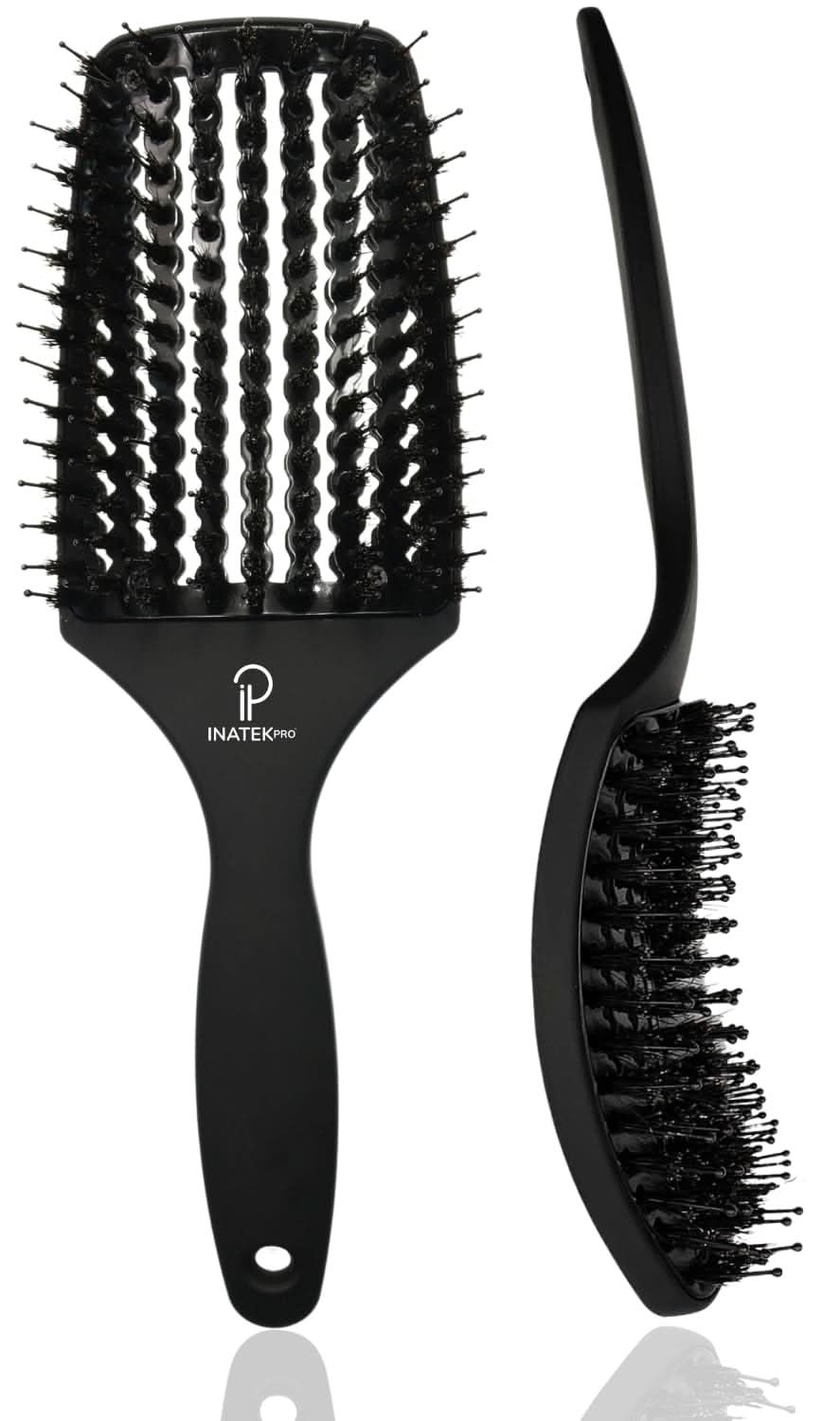 Large black INATEKPRO curved vented boar bristle detangler brush