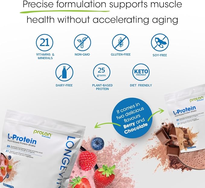 Prolon Longevity Plant Based Protein Powder | Muscle Synthesis & Repair, Healthy Aging, Boost Performance | Vitamins, Gluten Free, Amino Acids, Antioxidants | 25g of Protein | Chocolate, 24 Packets