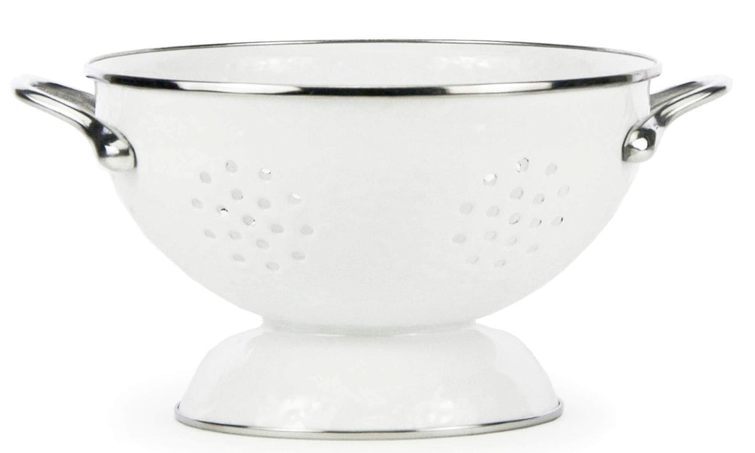 3 Quart Enamelware Colander in Blue and White Splatter Pattern