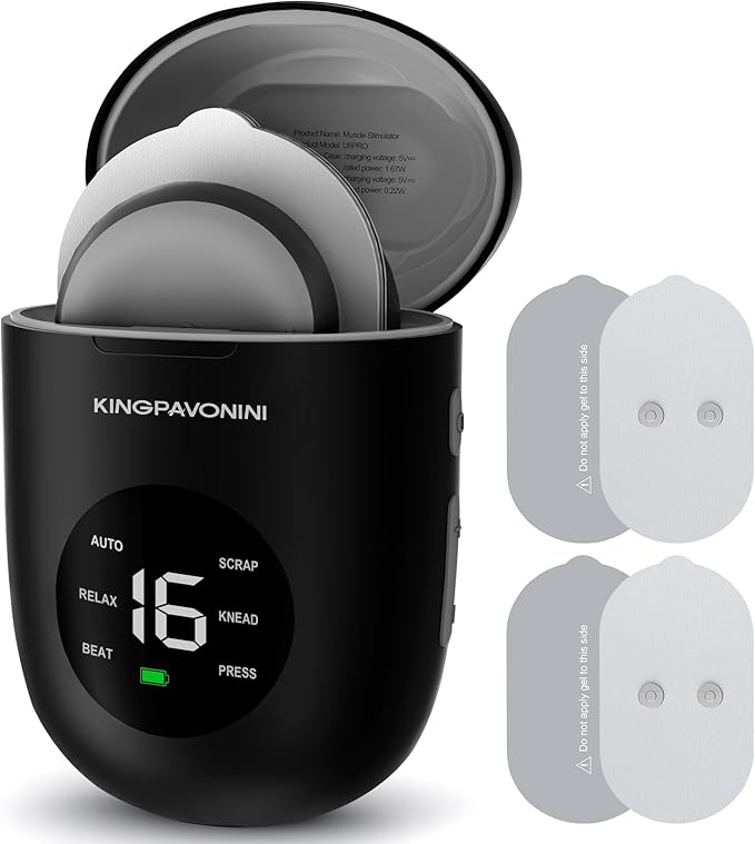 KingPavonini Wireless TENS Unit, Muscle Stimulator for Pain Relief, Portable Rechargable TENS EMS Machine, LED Screen, Remote, Dual Channel 6 Modes 16 Intensity Massager, Charging Case (4 Pads)