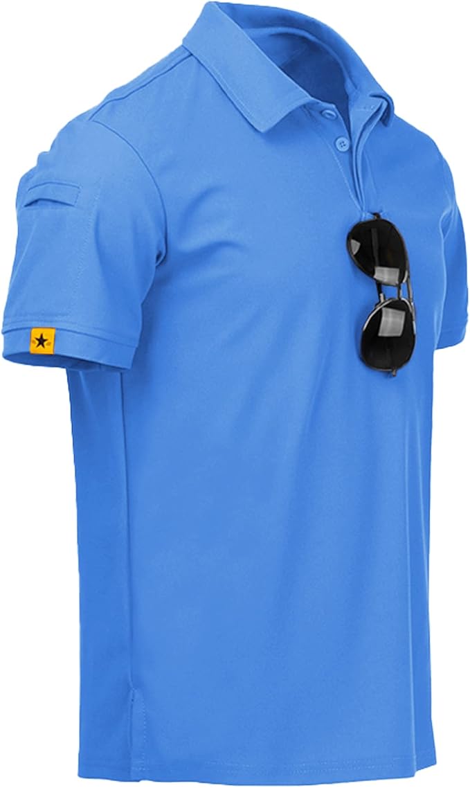 Men wearing a performance tactical golf polo shirt with ring buckle detail and moisture-wicking fabric.
