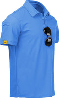 Men wearing a performance tactical golf polo shirt with ring buckle detail and moisture-wicking fabric.