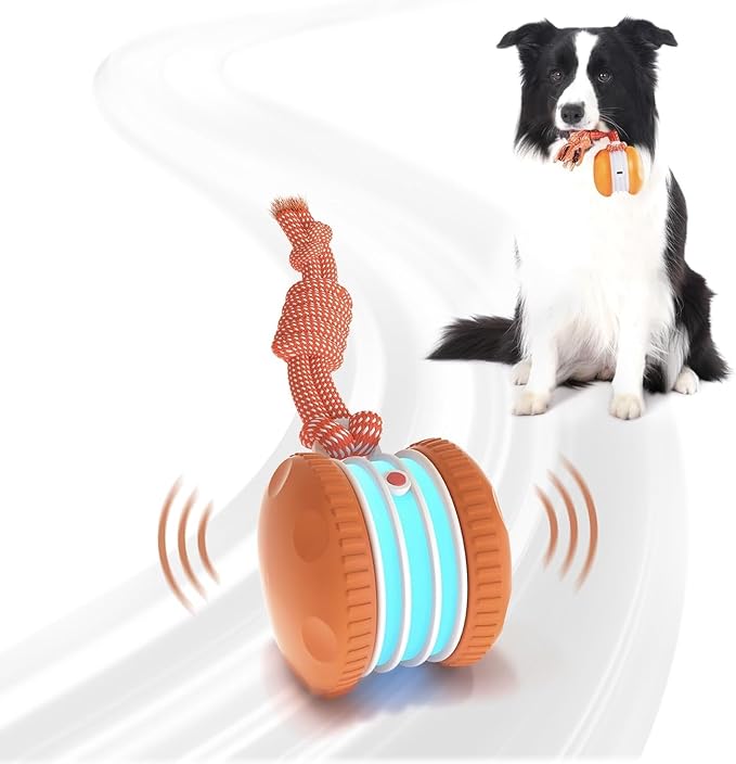Interactive Dog Toys, Random Path Electric Automatic Moving and Rolling Dogs Toy with Rope for Small Medium Large Dogs, Motion-Activated Dog Stimulation Toy for Boredom Relief (Orange)