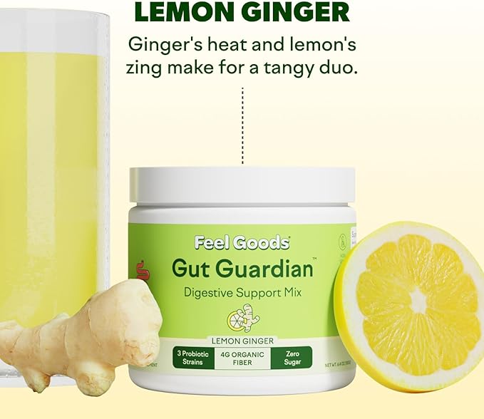 Feel Goods Gut Guardian, Organic Fiber, Probiotic & Prebiotic Powder, Sugar Free, Herbs for Bloat, Gut Health Support, Digestive Health for Men & Women, Non GMO, Vegan, Lemon Ginger, 30 Servings
