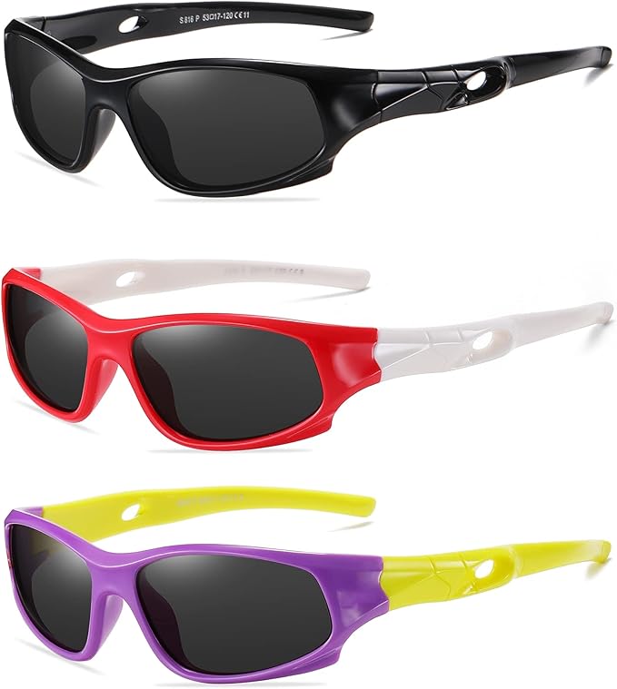 DYLB 3 Pack Flexible Kids Polarized Sunglasses For Boys Girls With Strap, Sport Sunglasses for Children Age 3-10.