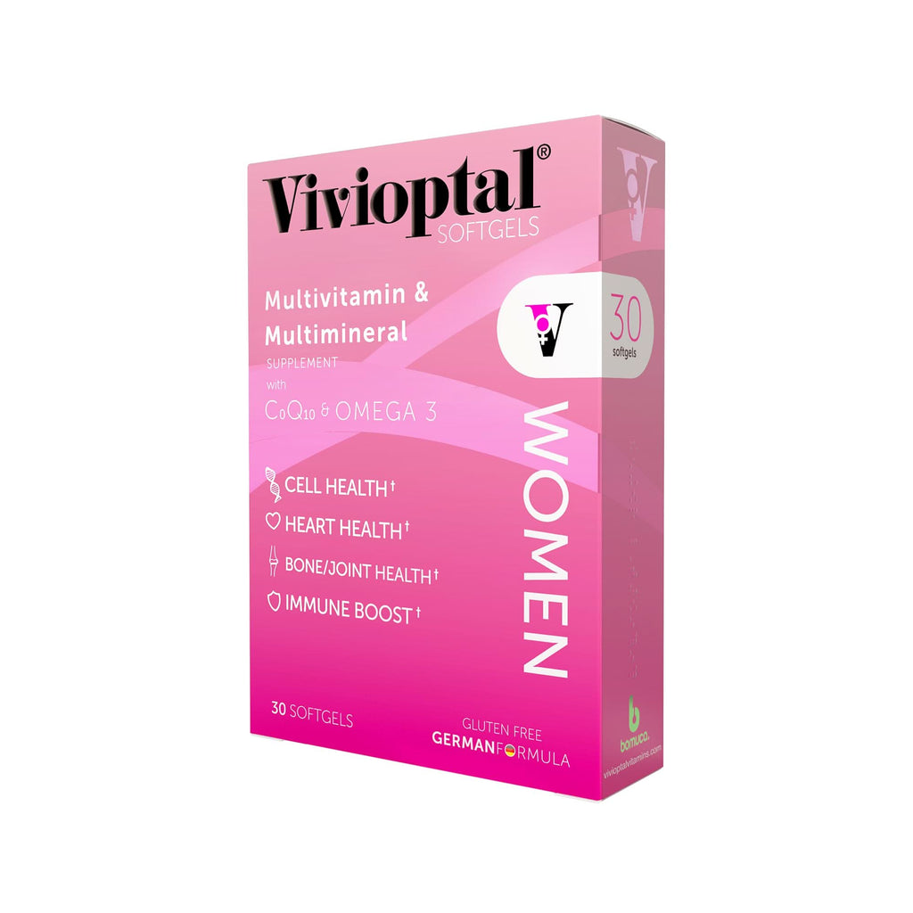 Vivioptal Women Multivitamin & Multimineral Supplement box with 30 softgels in pink and white branding
