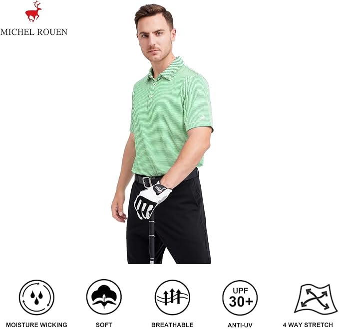 Men's Striped Moisture-Wicking Performance Golf Polo Shirt