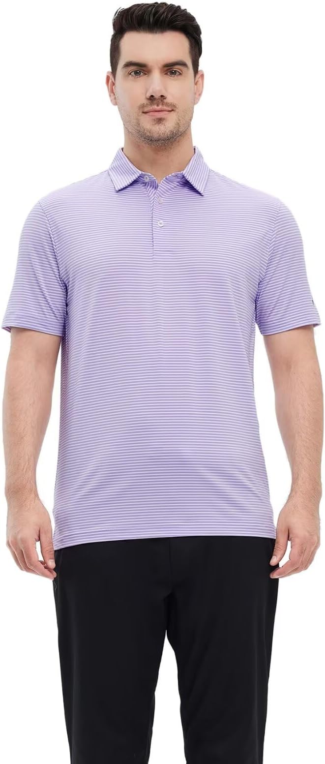 Men's Striped Performance Golf Polo Shirt Moisture Wicking Dry Fit