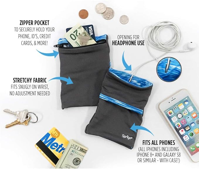 Sprigs Banjees 2 Pocket Wrist Wallet/Wrist Band/Wrist Pocket for Travel, Walking, & Running. Wallet Pouch That Holds Cash, Card, ID's, and More
