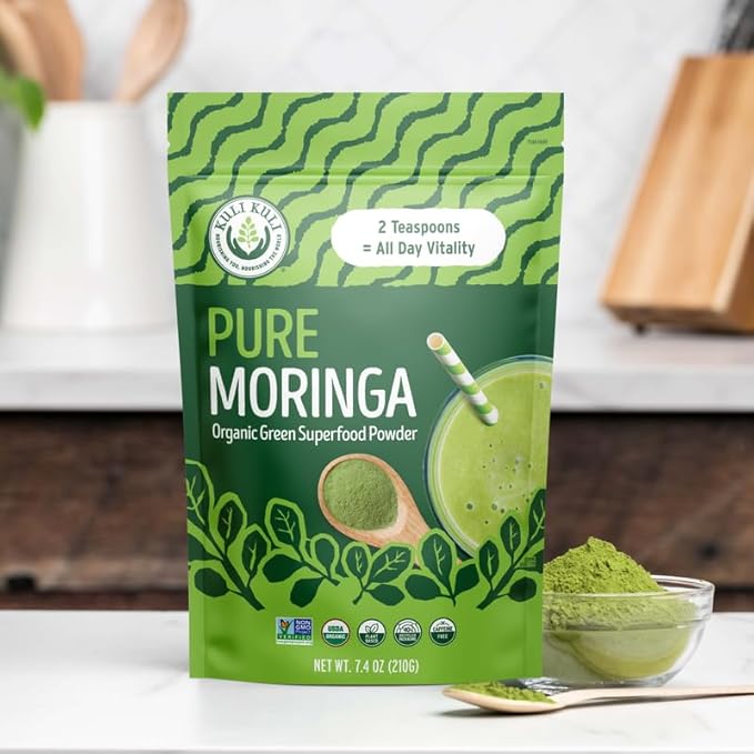 Kuli Kuli Moringa Oleifera Organic Leaf Powder & Green Smoothie, 100% Pure USDA Certified & Non-GMO Moringa Powder, Great with Smoothies, Tea, and Food, 2 Pack