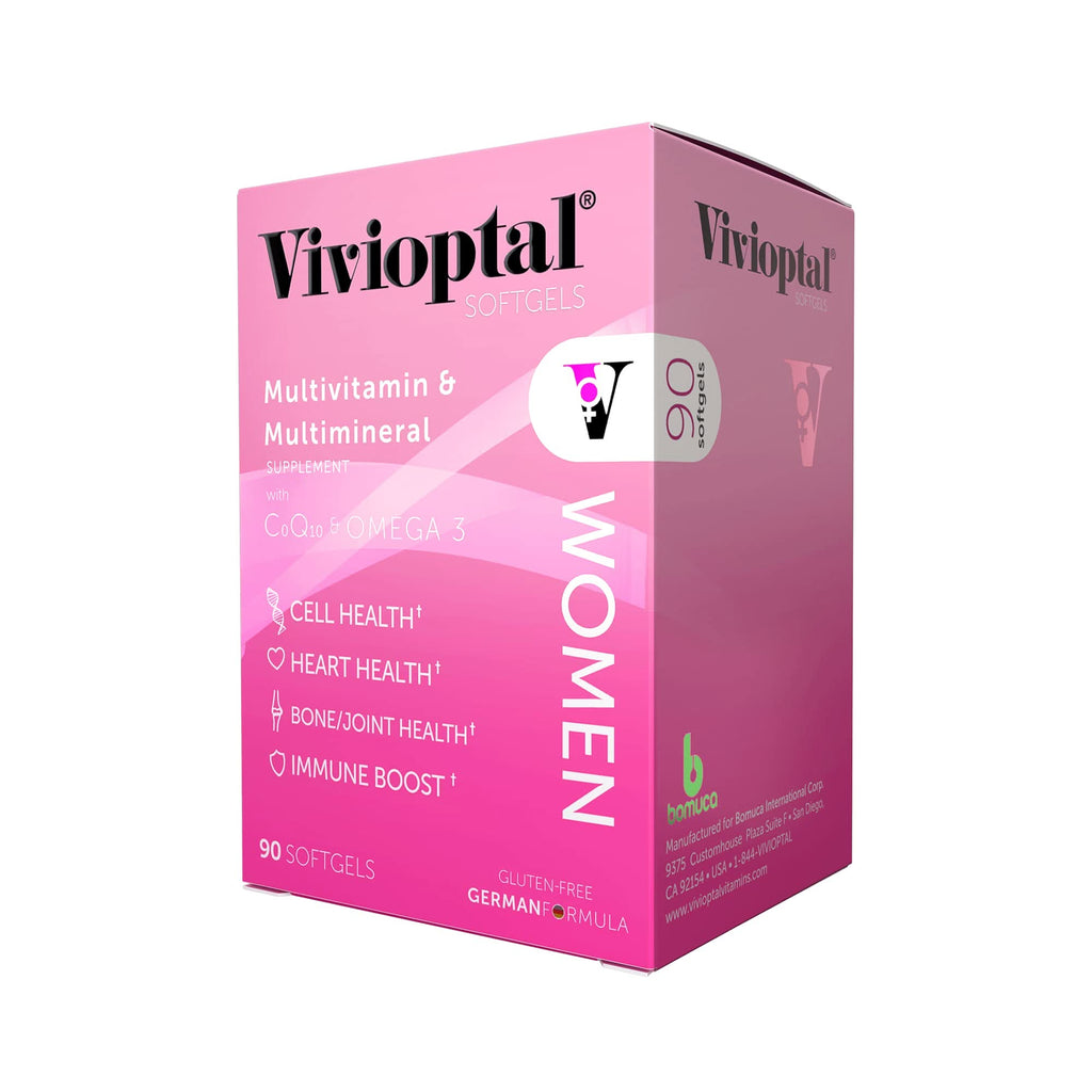 Vivioptal Women's Multivitamin 90 softgels in pink packaging with CoQ10 and Omega-3 labels.