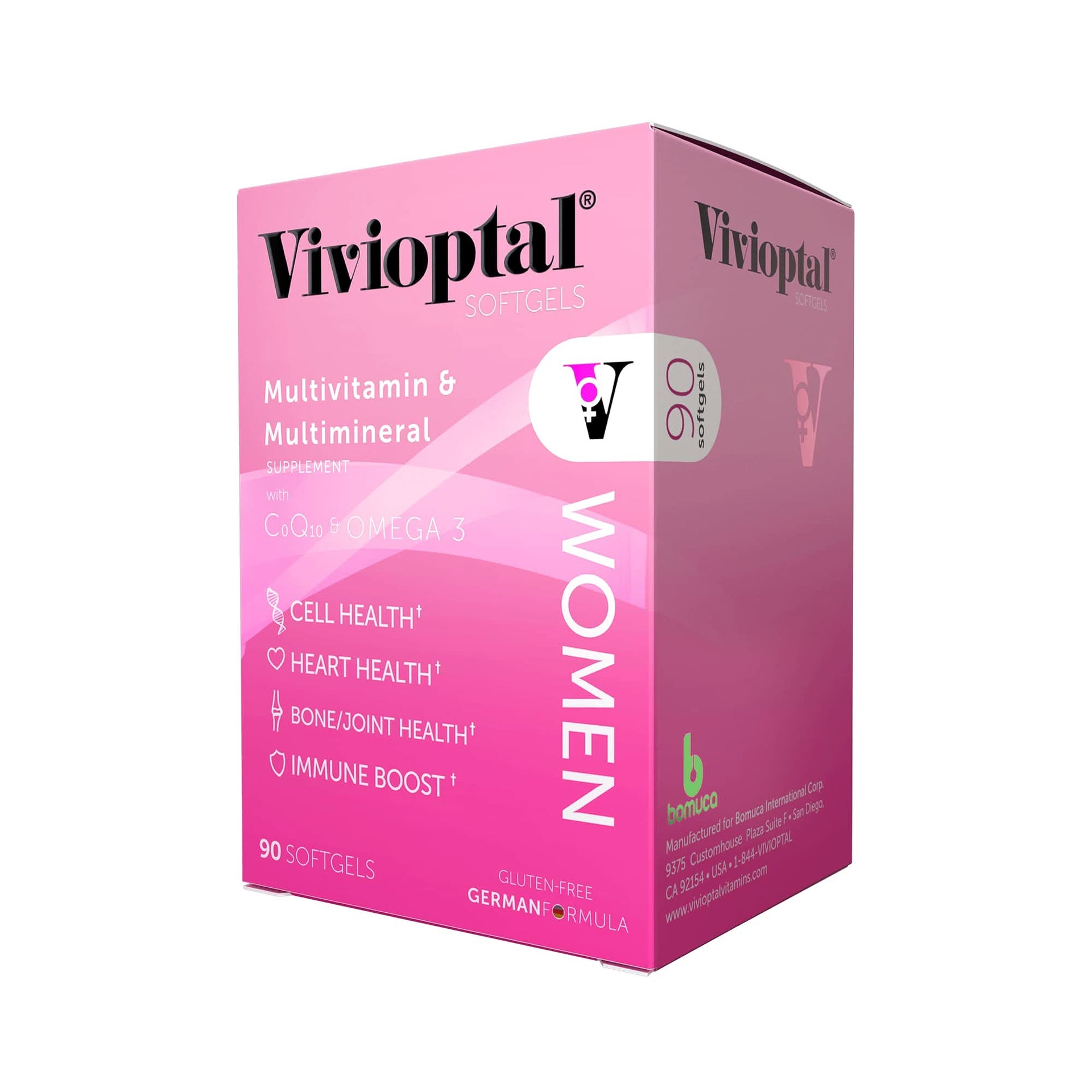 Vivioptal Women's Multivitamin 90 softgels in pink packaging with CoQ10 and Omega-3 labels.