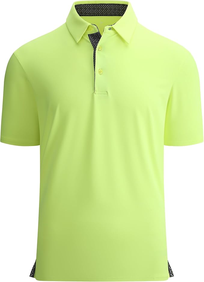 Close up of a men's performance golf polo with moisture-wicking fabric and inner collar trim detail.