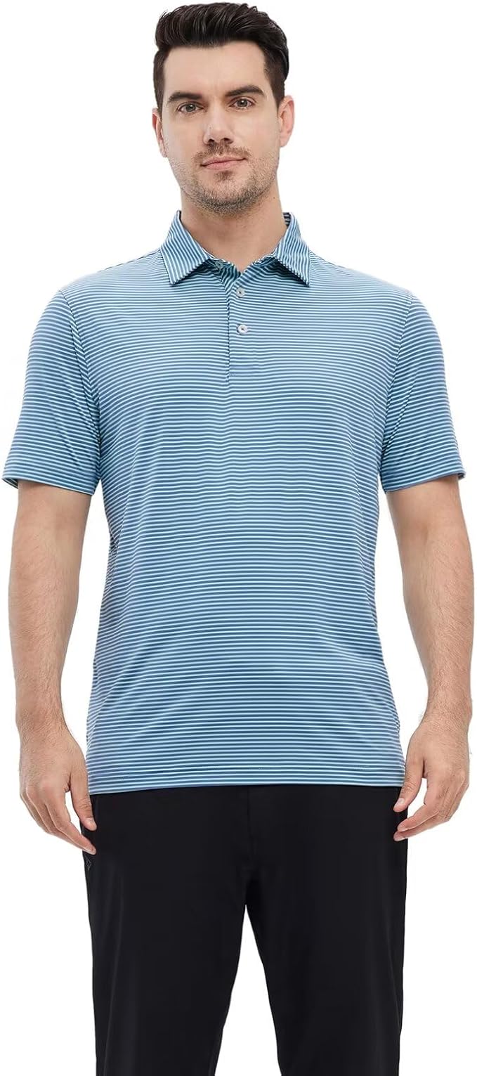 Men's Striped Performance Golf Polo Shirt Moisture Wicking Dry Fit