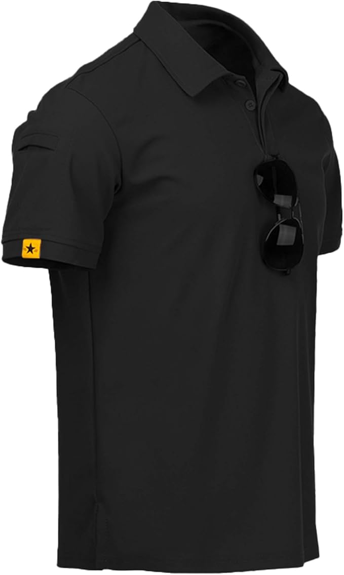 Men wearing a performance tactical golf polo shirt with ring buckle detail and moisture-wicking fabric.