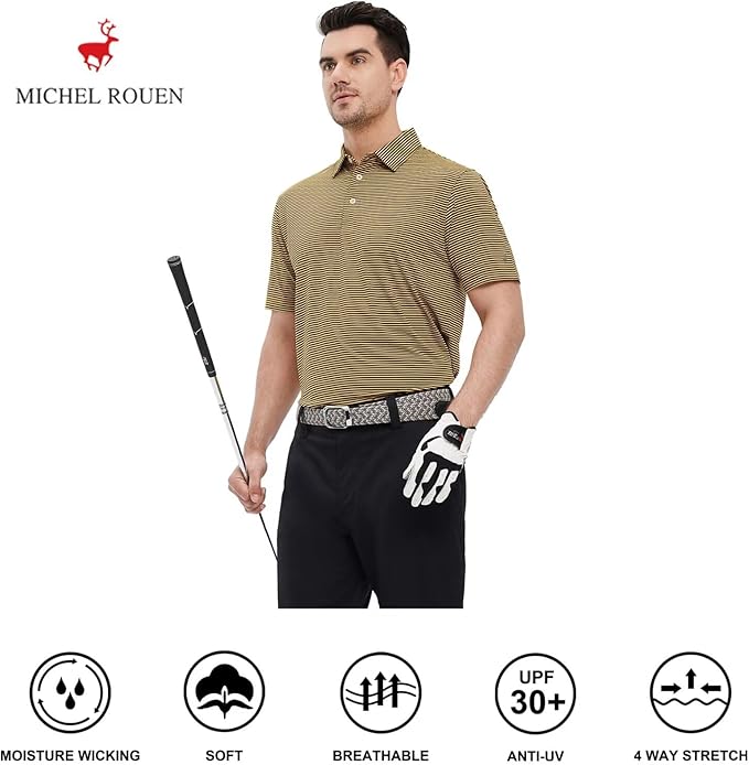 Men's Moisture Wicking Striped Golf Polo Short Sleeve Sport Shirt