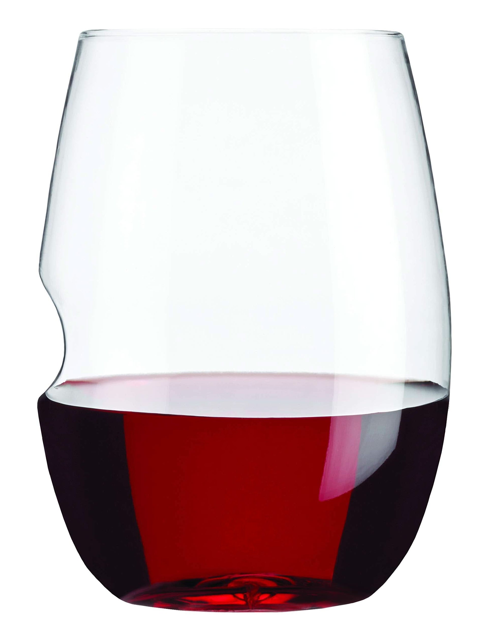 Set of eight clear, 16 oz. shatterproof stemless wine glasses with signature ergonomic thumb-notch design