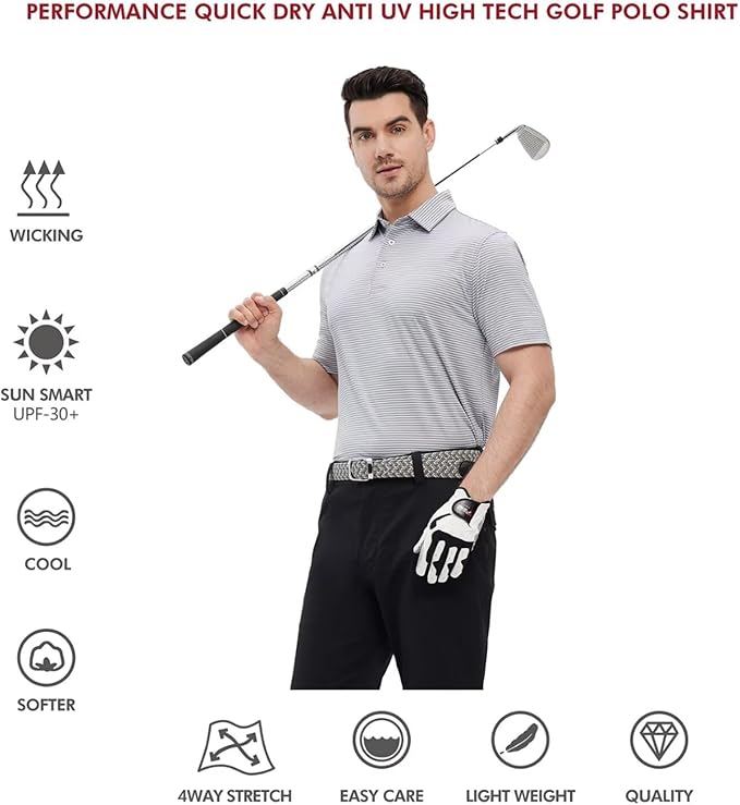 Men's Striped Jersey Golf Polo Shirt - Moisture Wicking