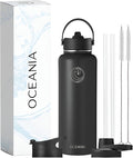 Oceania Flask 40oz Stainless Steel Water Bottles | Modern, Leakproof, Hydro BPA-Free, Insulated Water Bottle with 3 Lids, 3 Straws & 2 Straw Cleaning Brushes | Simple Camping & Hiking Water Bottles