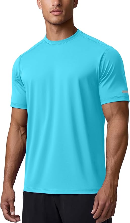 Men wearing a quick-dry moisture-wicking athletic short sleeve gym t-shirt in a relaxed fit.