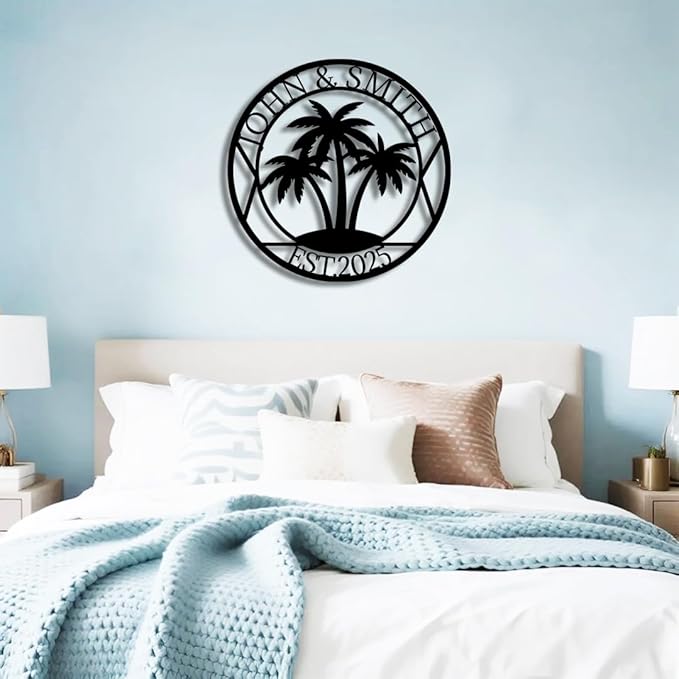 Personalized Palm Tree Metal Name Sign | Custom Family Wall Art & Split Letter Name | Custom Metal Signs | Beach Coastal House Decor | Outdoor Decor Gift Gift for Women, Men, Wife, Parents, Couple