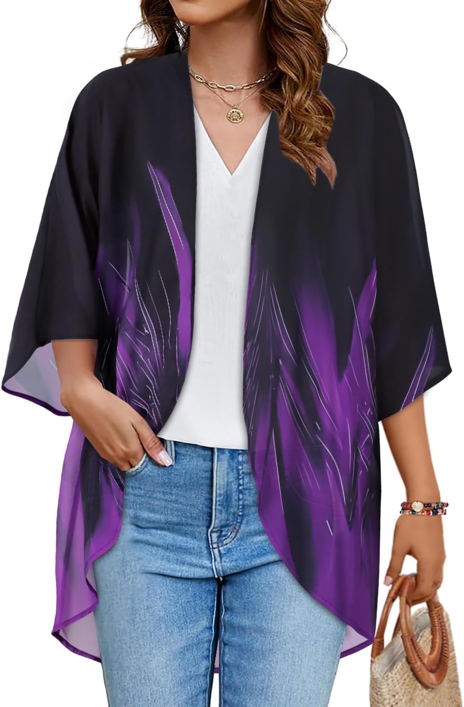 Floral Print Kimono Cardigan Women Puff Sleeve Cover Up Casual Blouse Loose Top