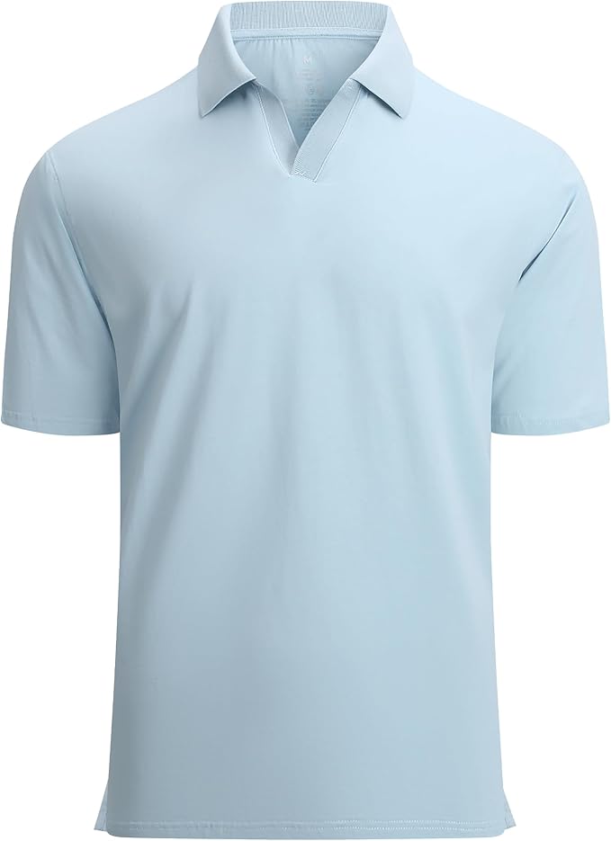 Close up of men's moisture-wicking jacquard golf polo shirt with V-neck design